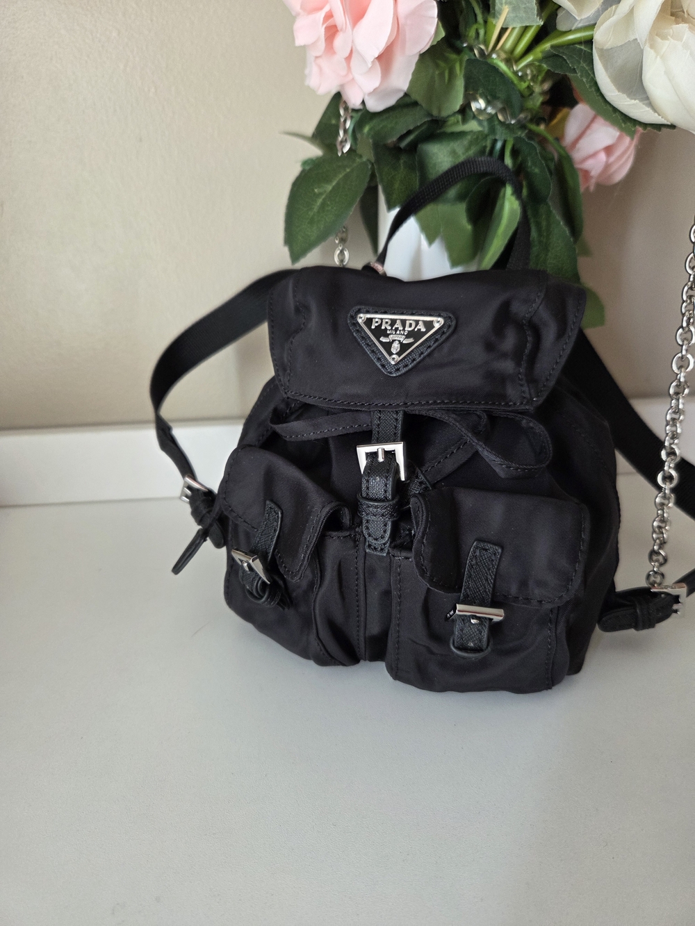 Prada Mini Re- Nylon Backpack Chain Crossbody Bag Silver /black - Picture 6 of 16